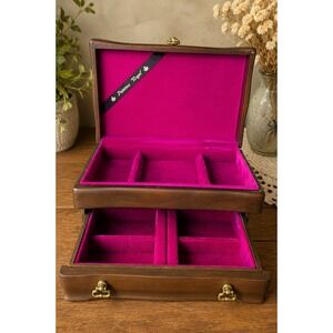 Vintage JASCO Princess Royal Wood Jewelry Box Walnut Finish Velvet Lined